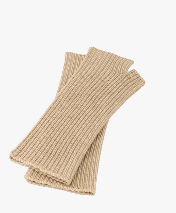 Mitaines longues en laine mérinos beige chiné -