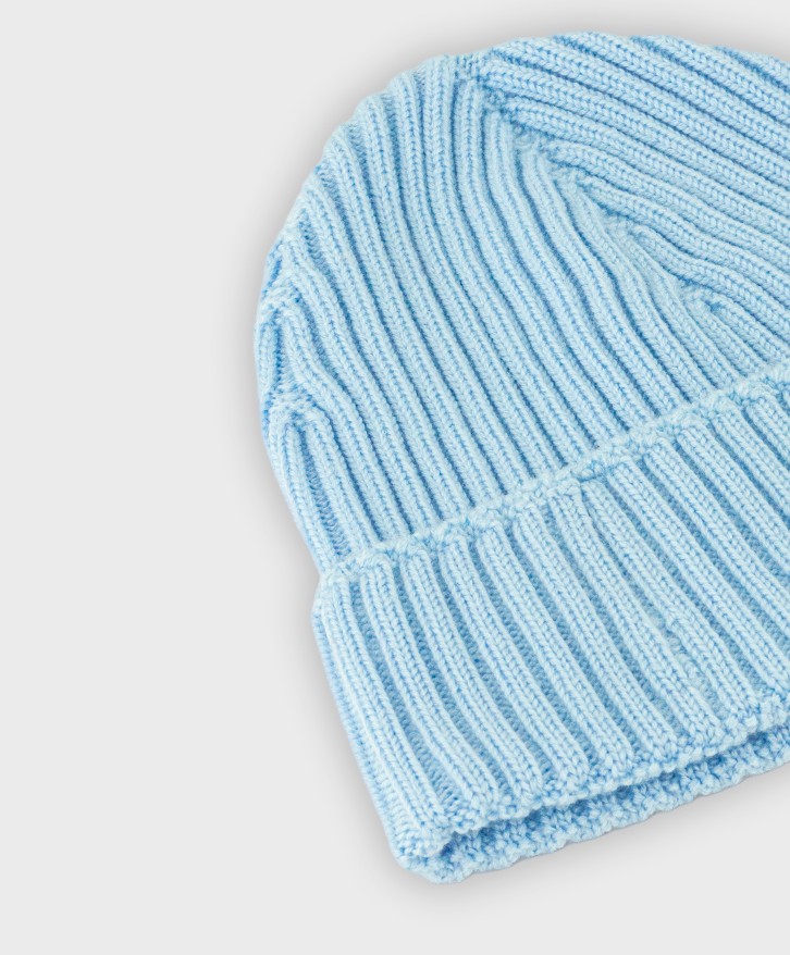 Bonnet côtes laine mérinos bleu ciel -