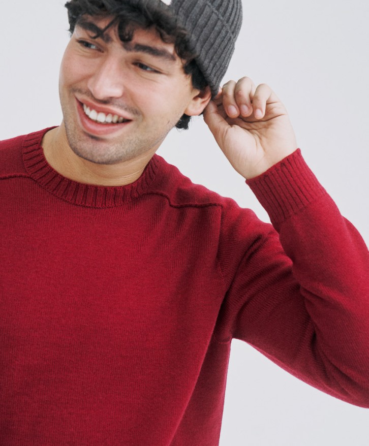 Pull col rond homme en laine mérinos - Bordeaux