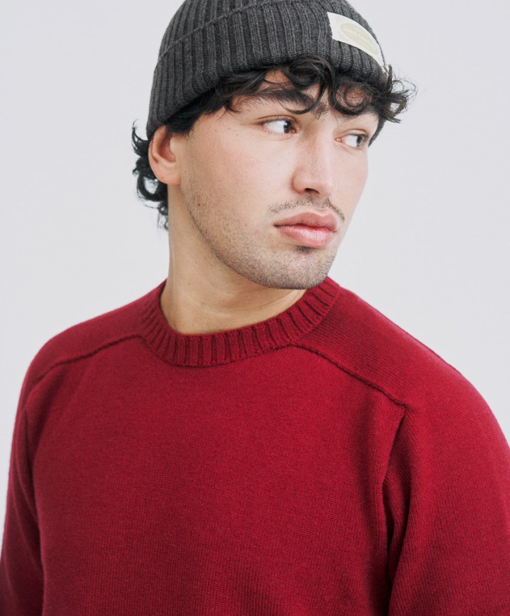 Pull col rond homme en laine mérinos - Bordeaux -
