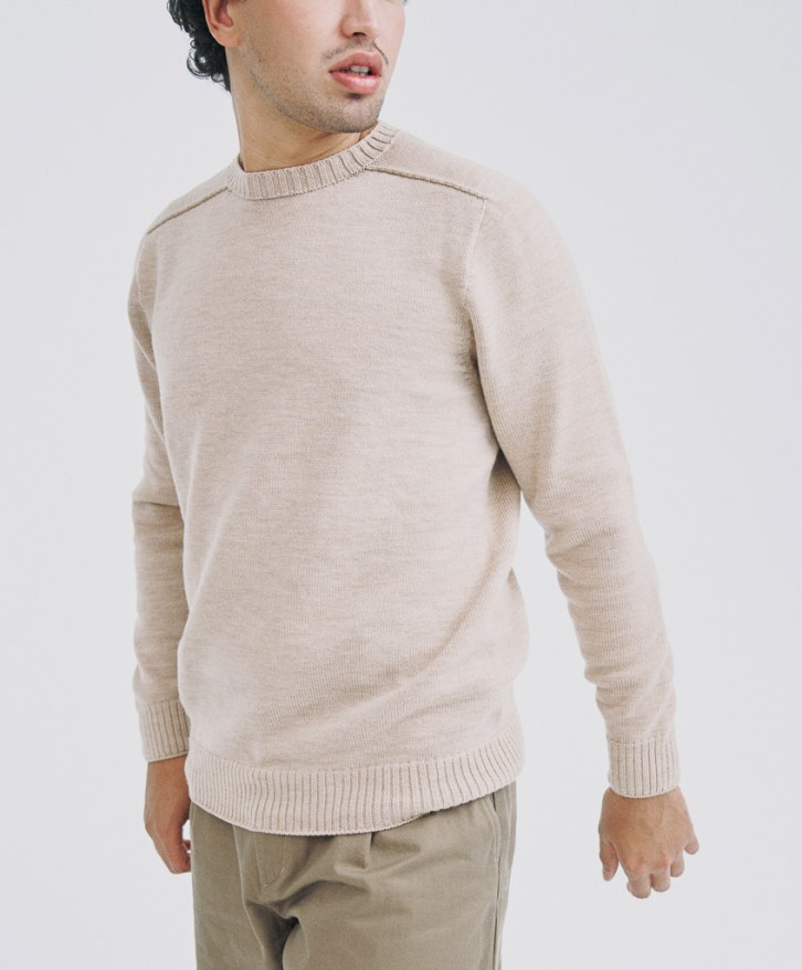 Pull col rond homme en laine mérinos - Crème -