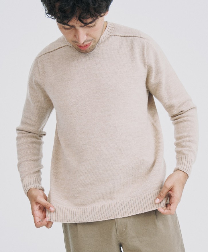 Pull col rond homme en laine mérinos - Crème -