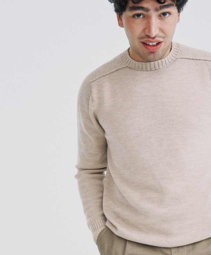 Pull col rond homme en laine mérinos - Crème