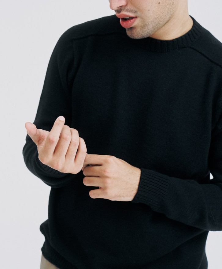 Pull col rond homme en laine mérinos - Noir