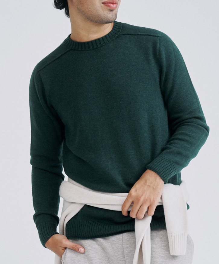 Pull col rond homme en laine mérinos - Vert foncé