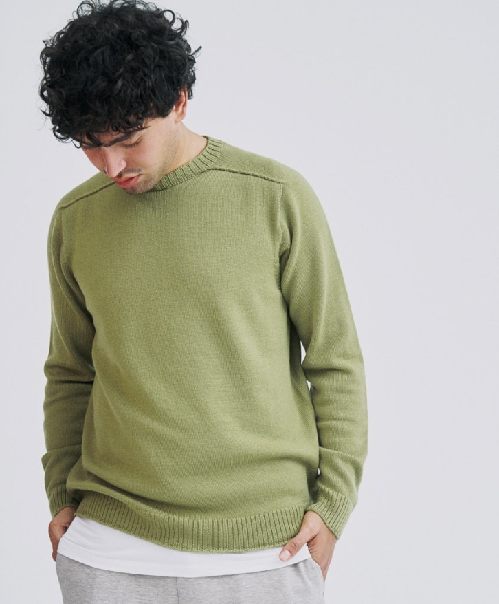 Pull col rond homme en laine mérinos - Vert olive