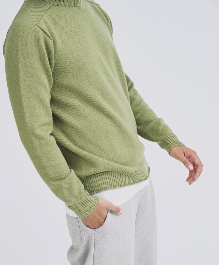 Pull col rond homme en laine mérinos - Vert olive -