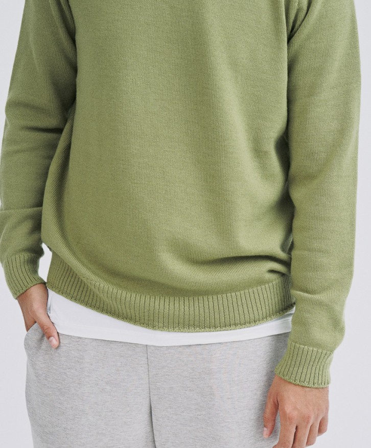 Pull col rond homme en laine mérinos - Vert olive