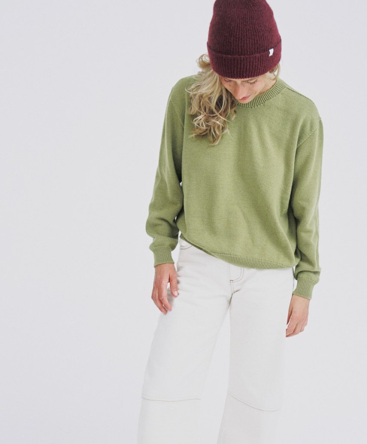 Pull col rond femme en laine mérinos - Vert olive -