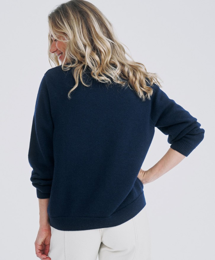 Pull col V femme en laine mérinos - Bleu marine