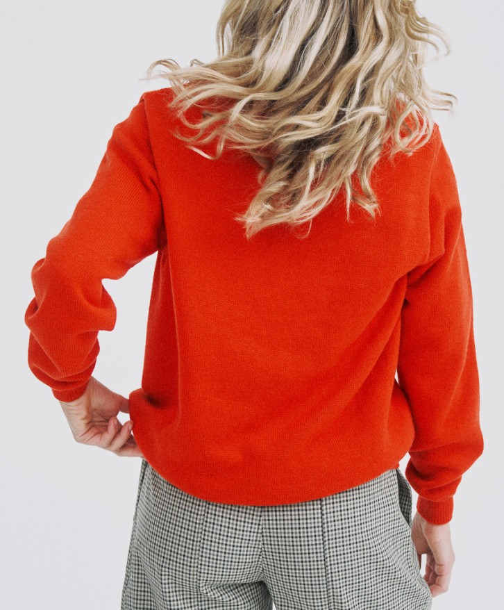 Pull col V femme en laine mérinos - Rouge