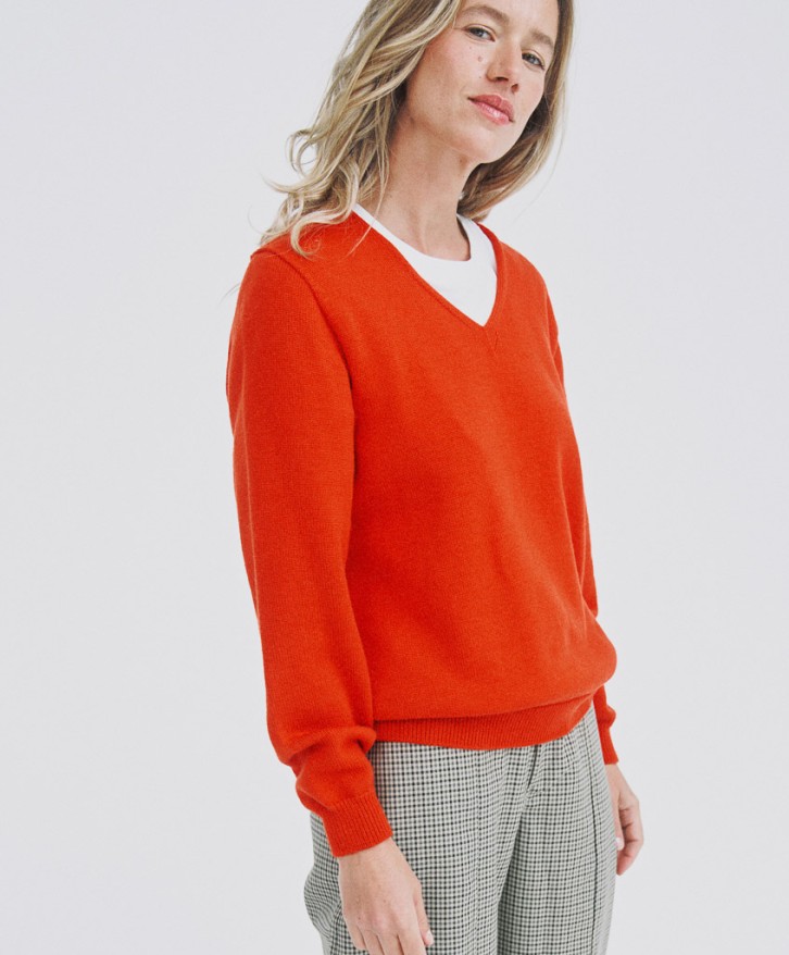 Pull col V femme en laine mérinos - Rouge -