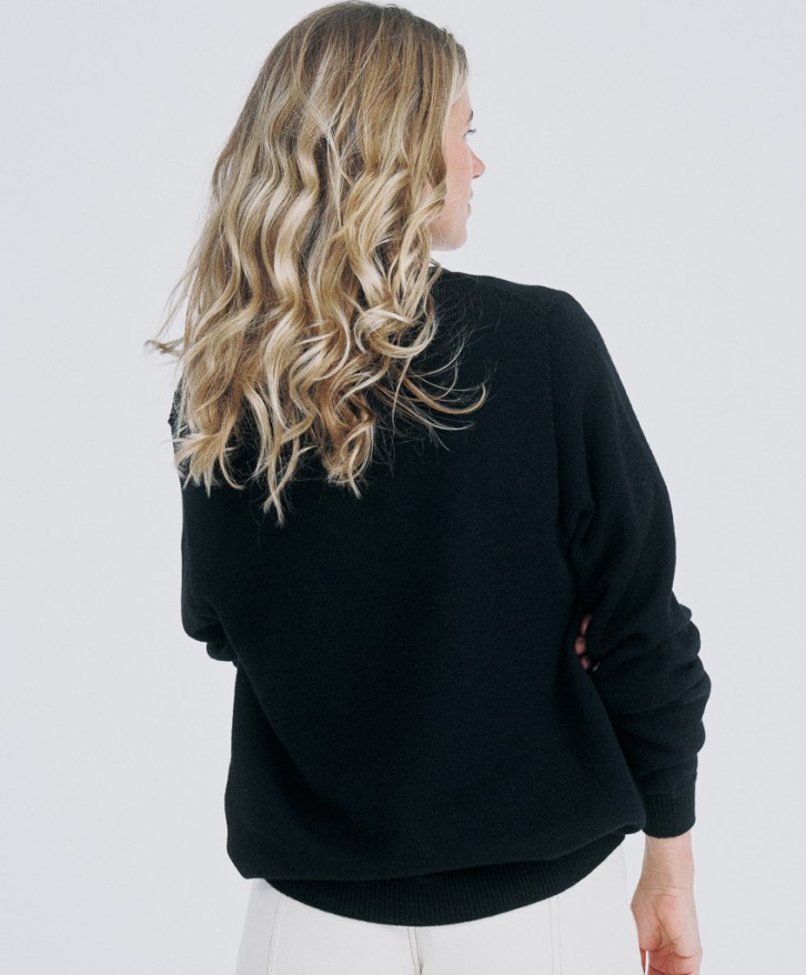 Pull col V femme en laine mérinos - Noir -