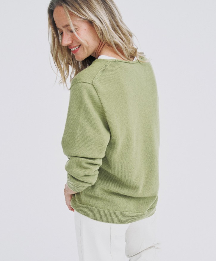 Pull col V femme en laine mérinos - Vert olive -