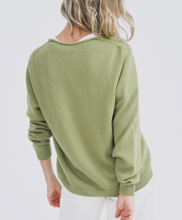 Pull col V femme en laine mérinos - Vert olive -