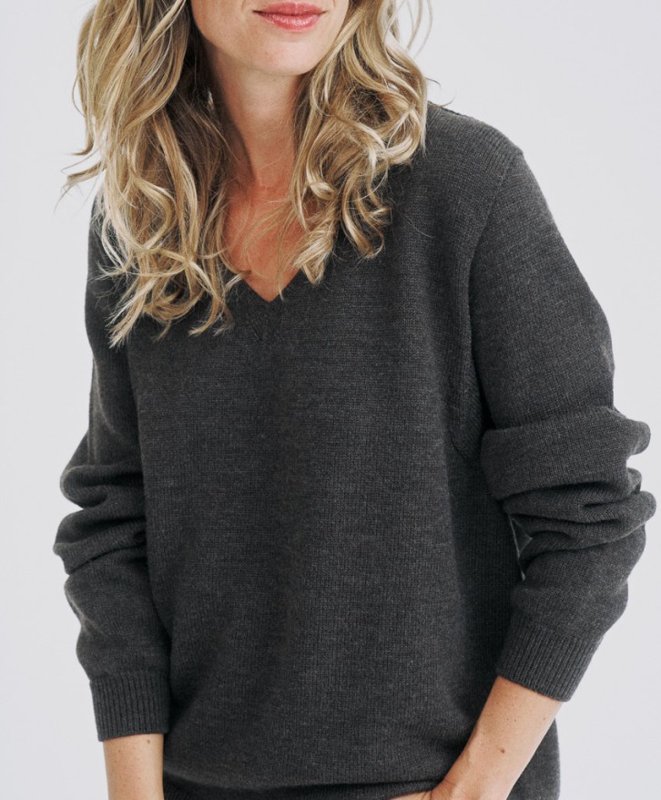 Pull col V femme en laine mérinos - Marron -