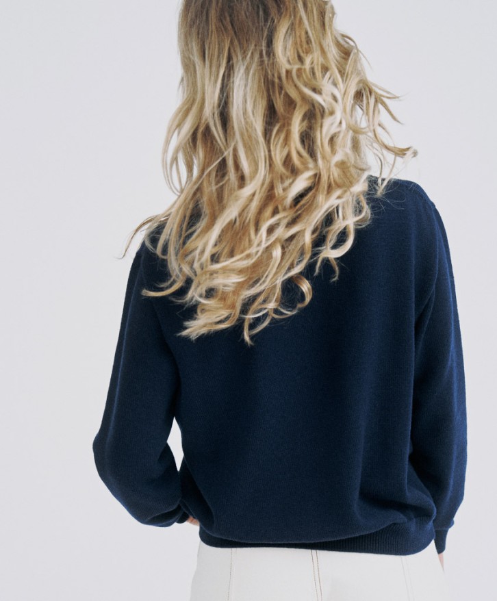 Pull col rond femme en laine mérinos - Bleu marine