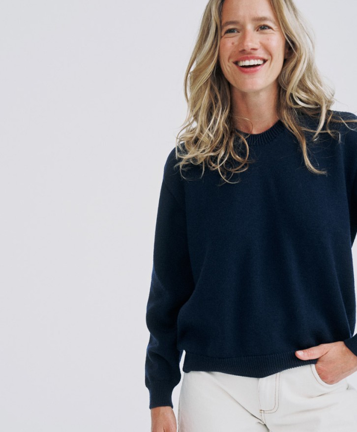 Pull col rond femme en laine mérinos - Bleu marine