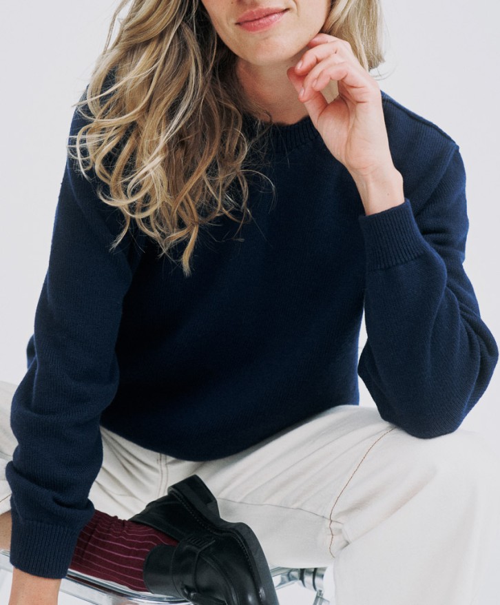 Pull col rond femme en laine mérinos - Bleu marine