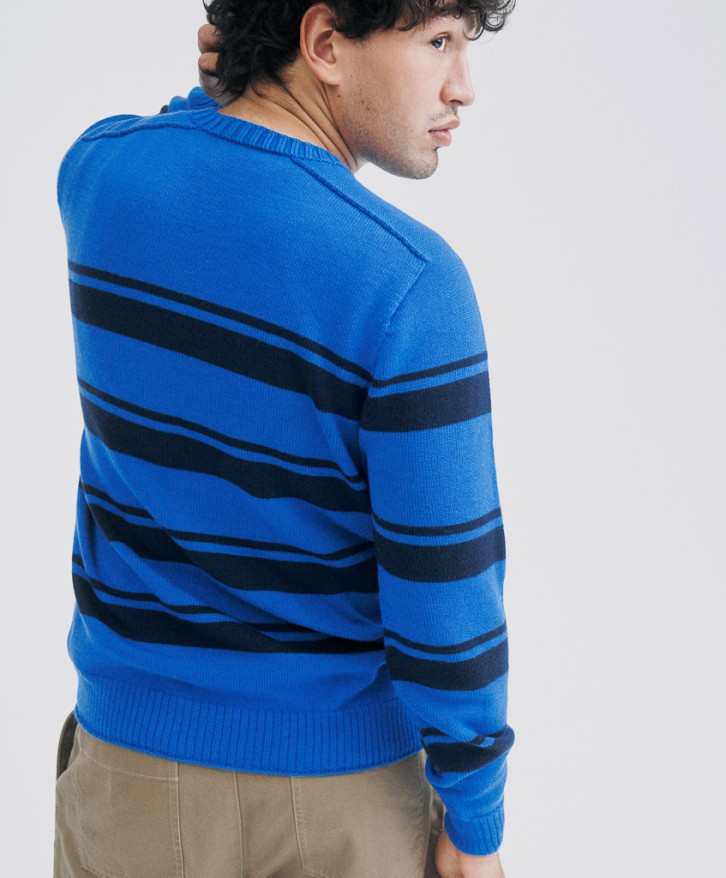 Pull rayé homme en laine mérinos - Bleu -