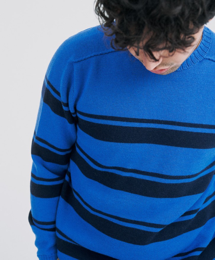 Pull rayé homme en laine mérinos - Bleu
