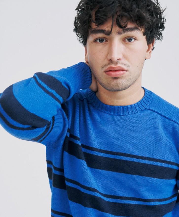 Pull rayé homme en laine mérinos - Bleu