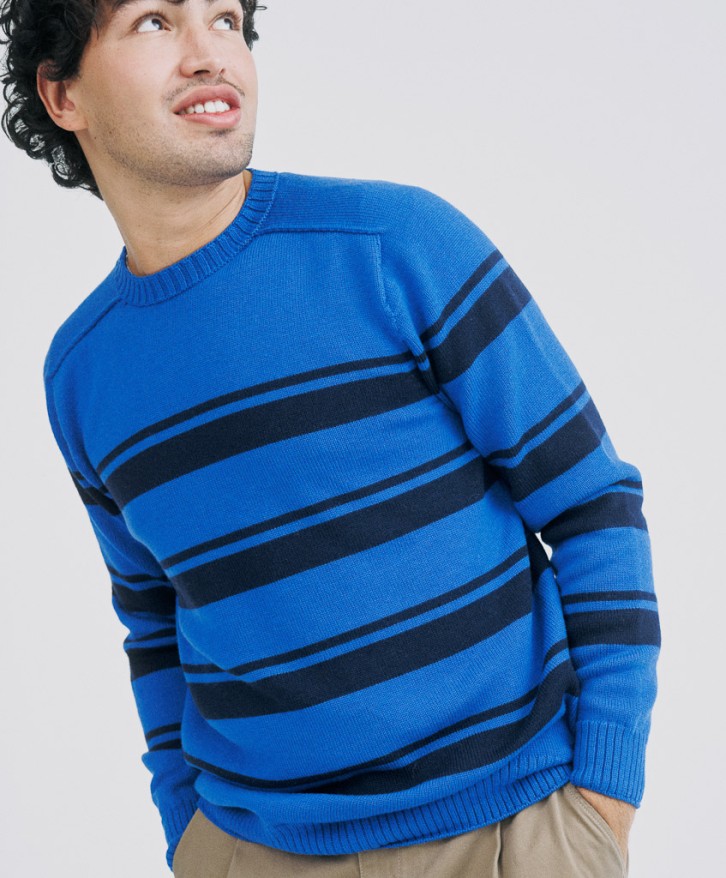 Pull rayé homme en laine mérinos - Bleu