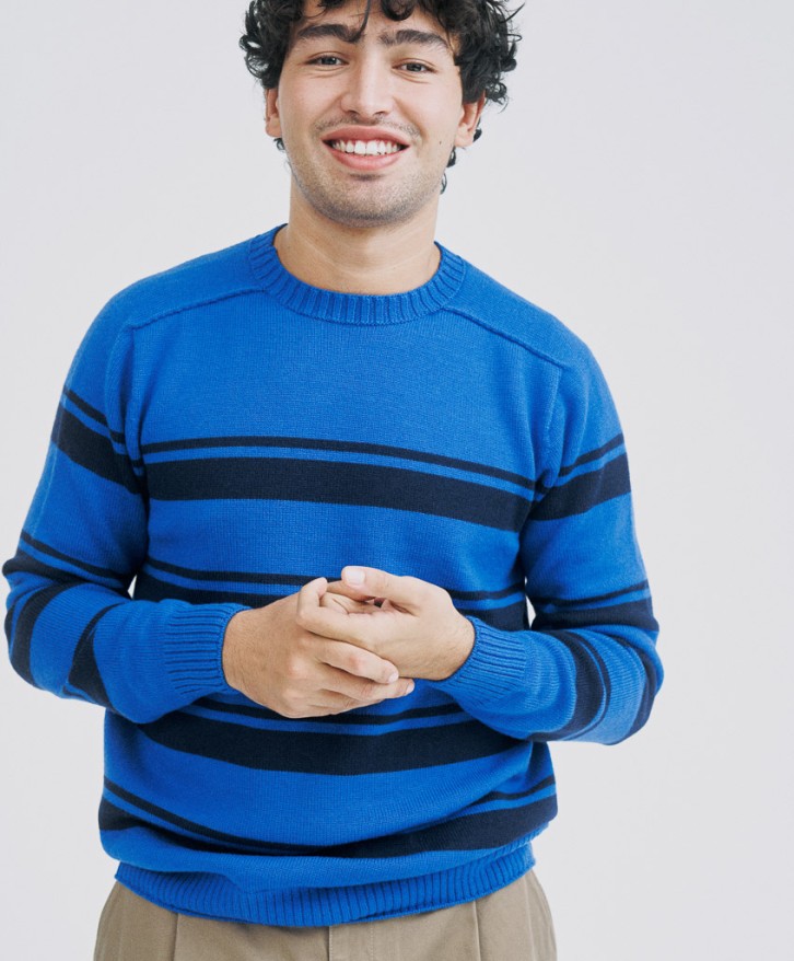 Pull rayé homme en laine mérinos - Bleu -