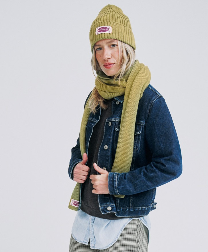 Bonnet côtes laine mérinos vert olive