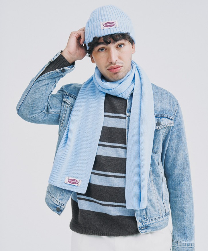 Bonnet côtes laine mérinos bleu ciel -