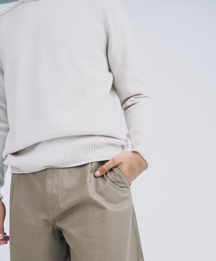 Pull col rond homme en laine mérinos - Beige chiné