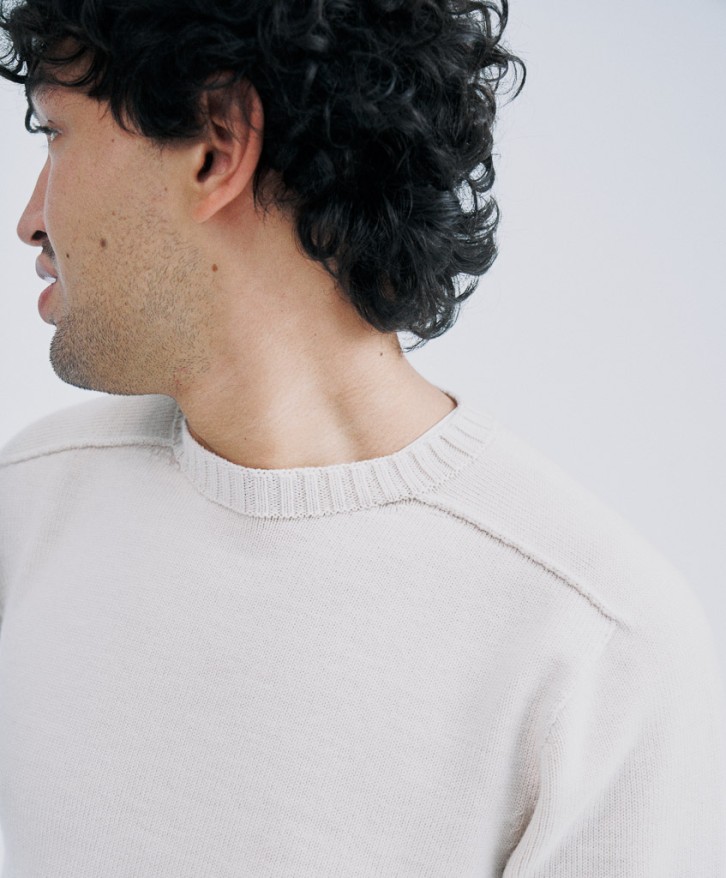 Pull col rond homme en laine mérinos - Beige chiné