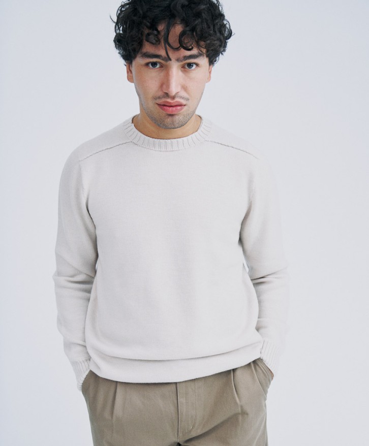 Pull col rond homme en laine mérinos - Beige chiné
