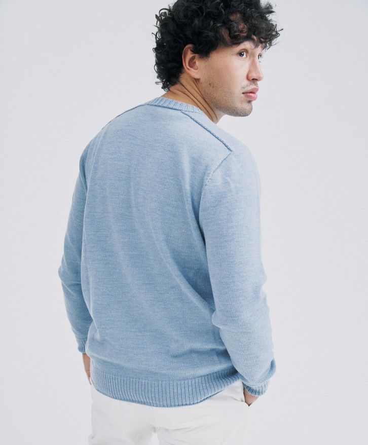 Pull col rond homme en laine mérinos - Bleu lavé