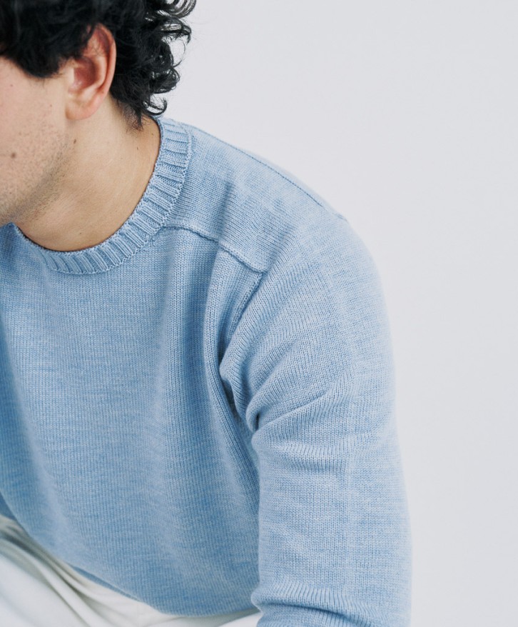 Pull col rond homme en laine mérinos - Bleu lavé