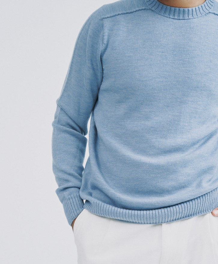 Pull col rond homme en laine mérinos - Bleu lavé -