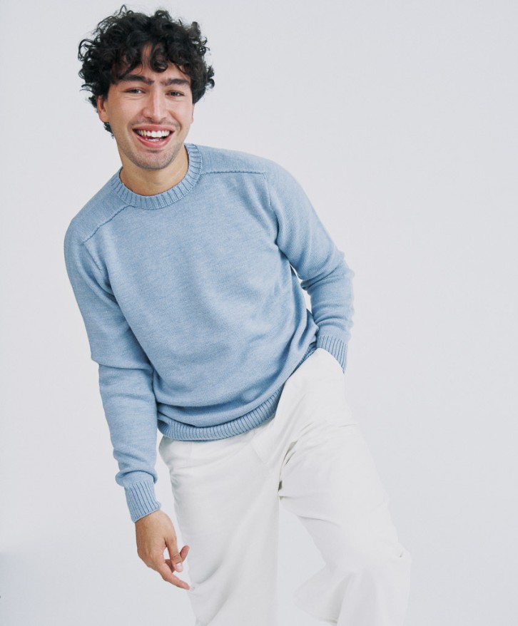 Pull col rond homme en laine mérinos - Bleu lavé -