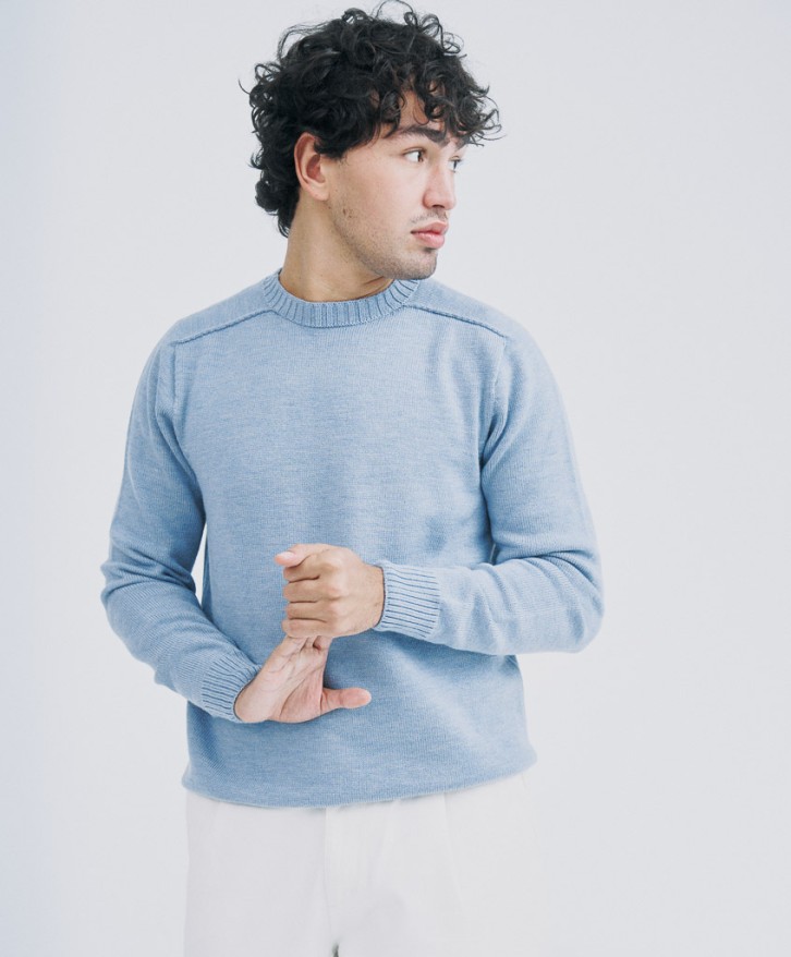 Pull col rond homme en laine mérinos - Bleu lavé -