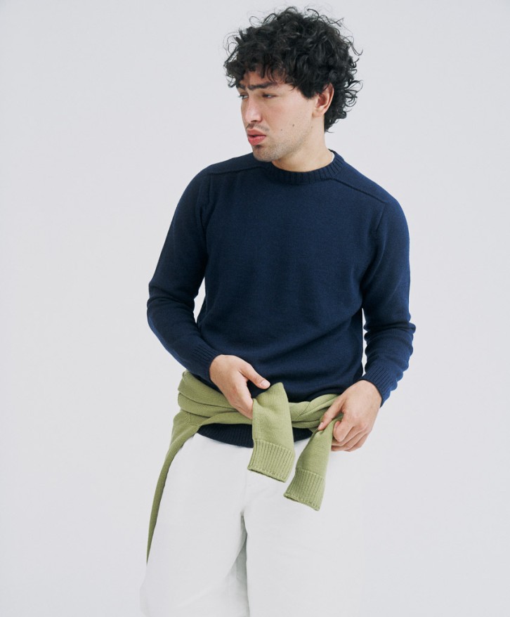 Pull col rond homme en laine mérinos - Bleu marine