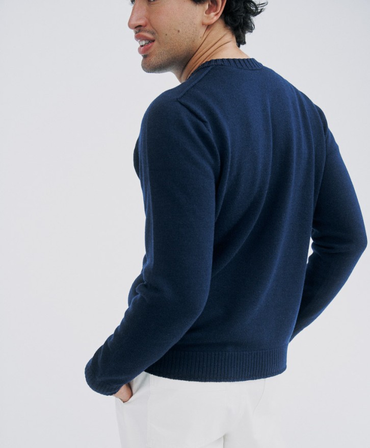 Pull col rond homme en laine mérinos - Bleu marine