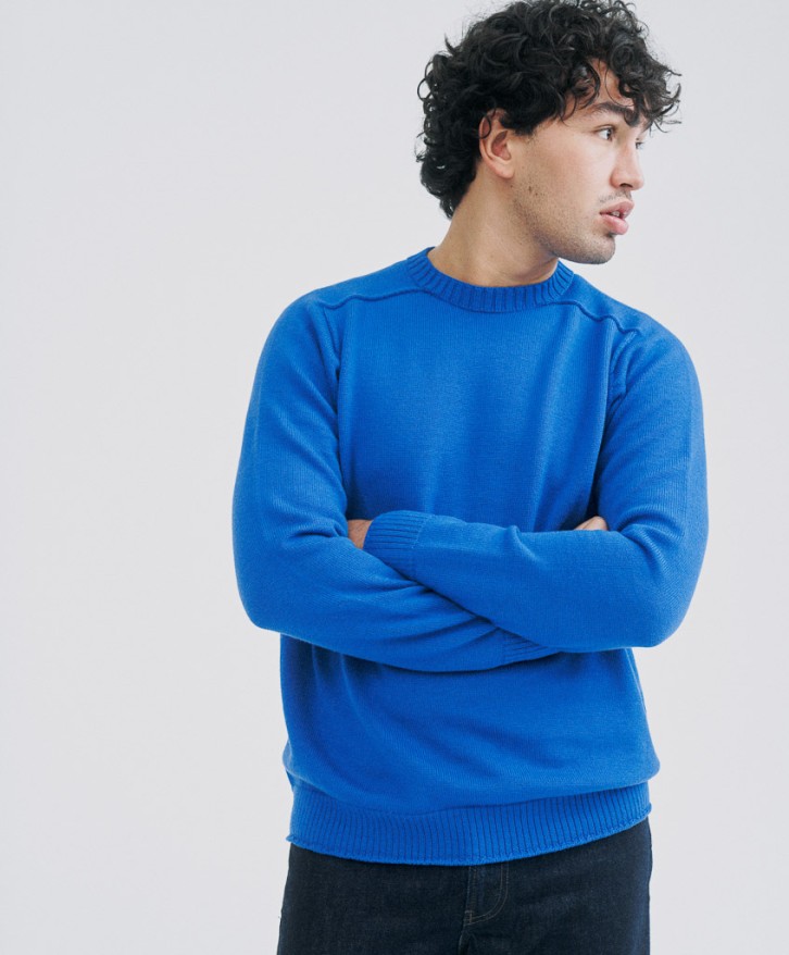 Pull col rond homme en laine mérinos - Bleu roi