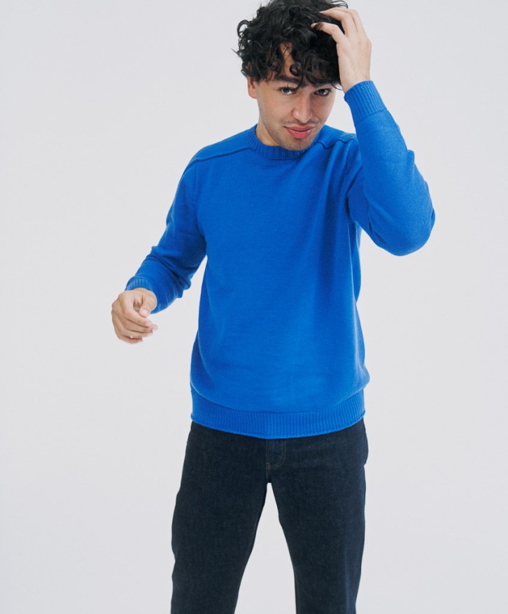 Pull col rond homme en laine mérinos - Bleu roi