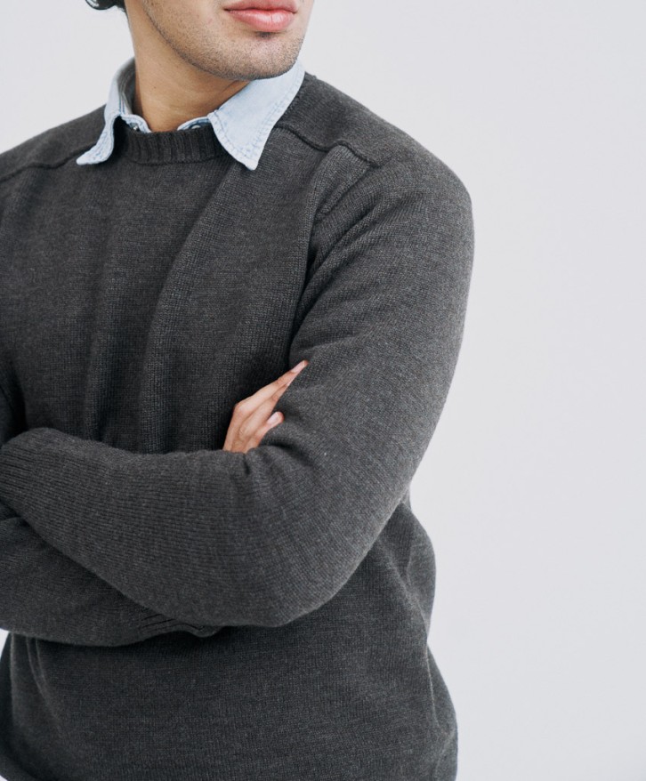 Pull col rond homme en laine mérinos - Marron