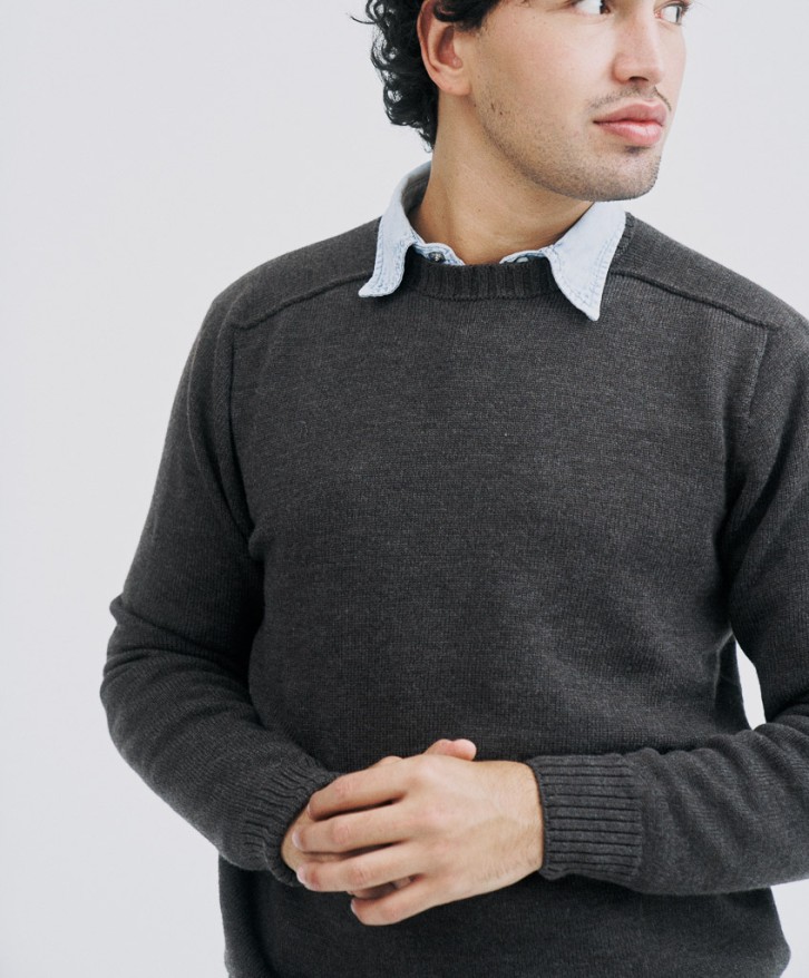 Pull col rond homme en laine mérinos - Marron