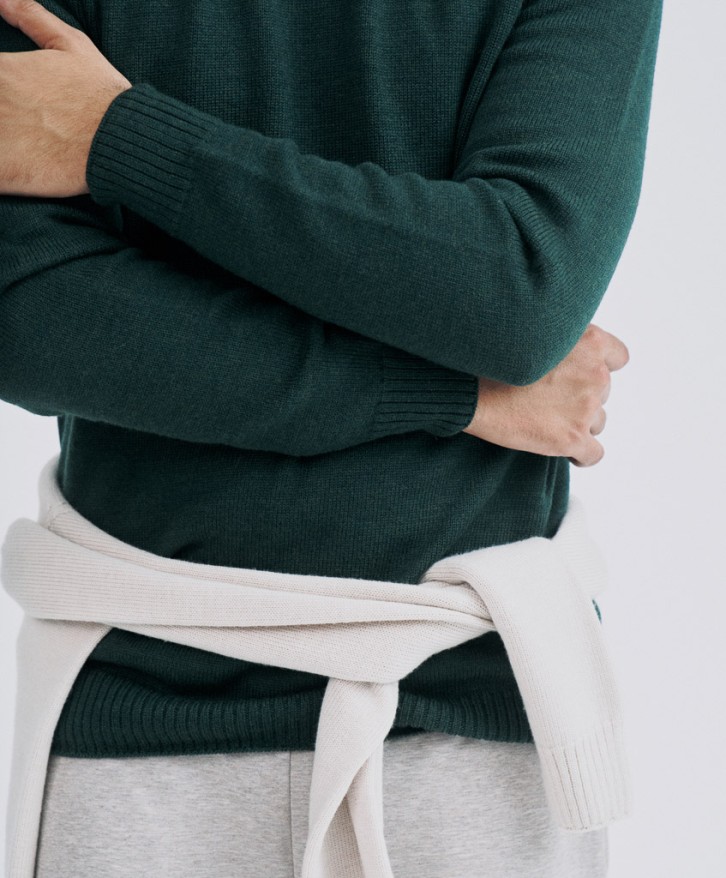 Pull col rond homme en laine mérinos - Vert foncé