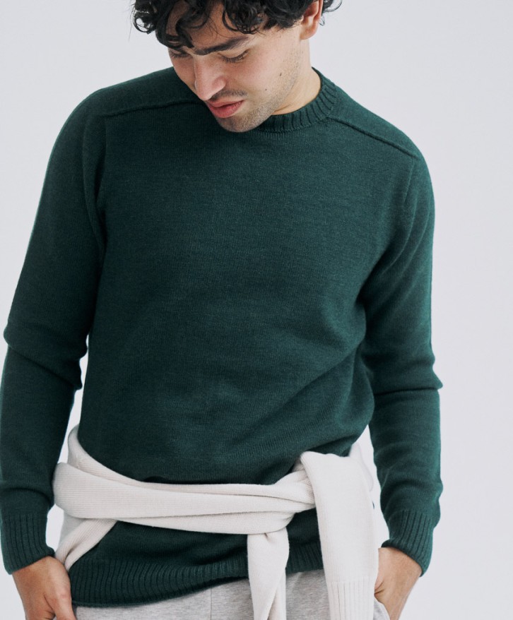 Pull col rond homme en laine mérinos - Vert foncé