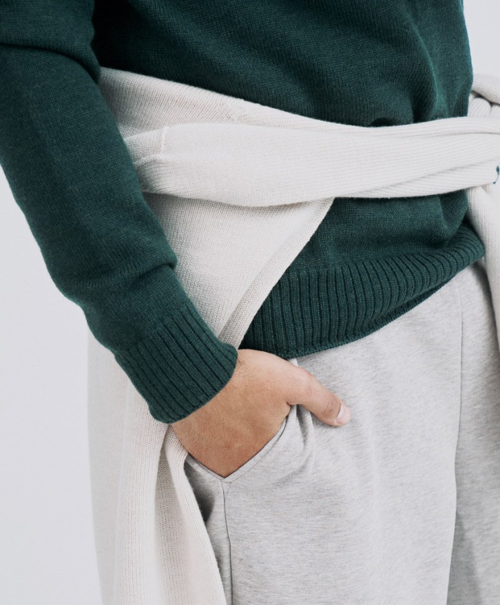 Pull col rond homme en laine mérinos - Vert foncé